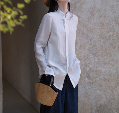 edoa White Linen Chinese Blouse with Hand Embroidery