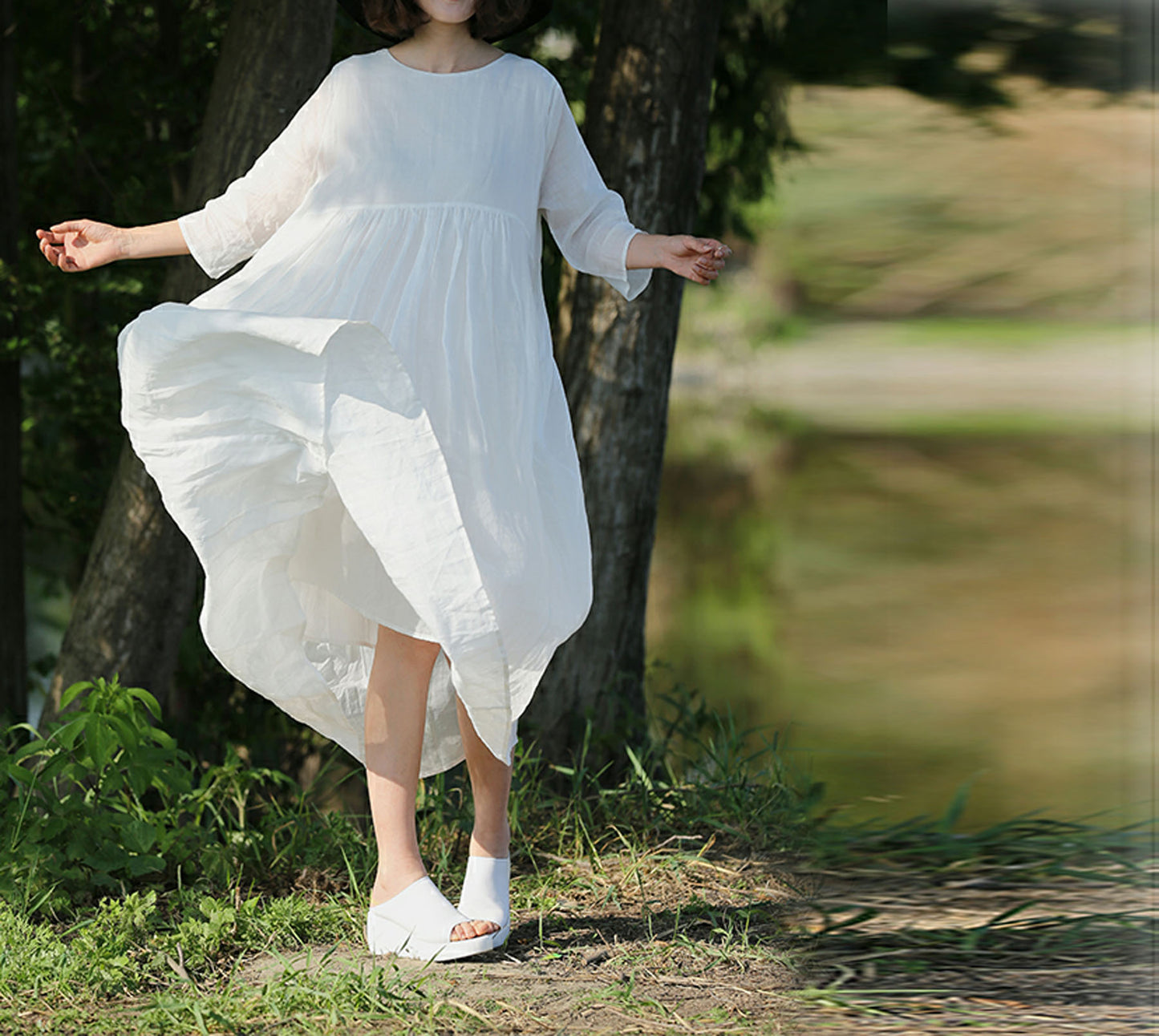 edoa White High Counted Ramie Maxi Dress