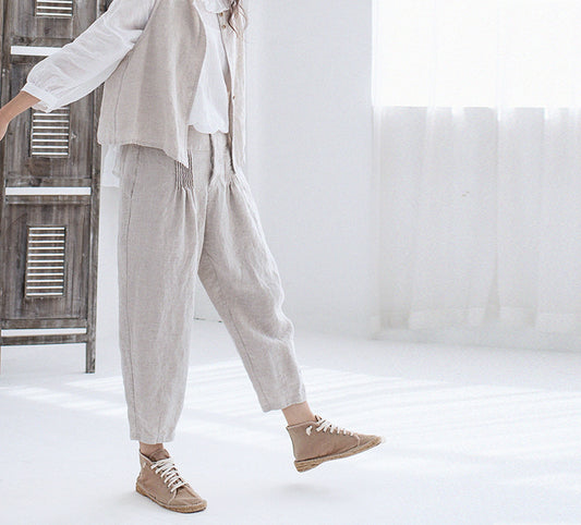 edoa Flax Linen Pants with Pintuck at Waist 