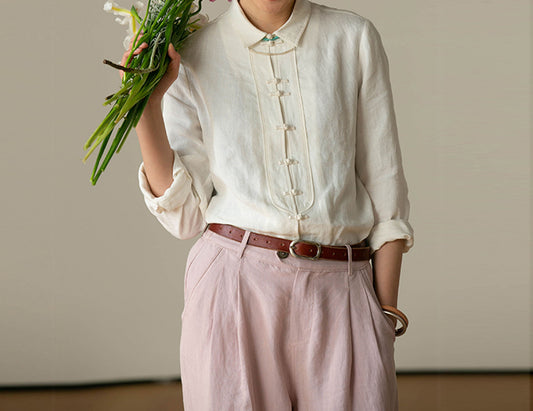 edoa Washed Linen Modified Chinese Blouse