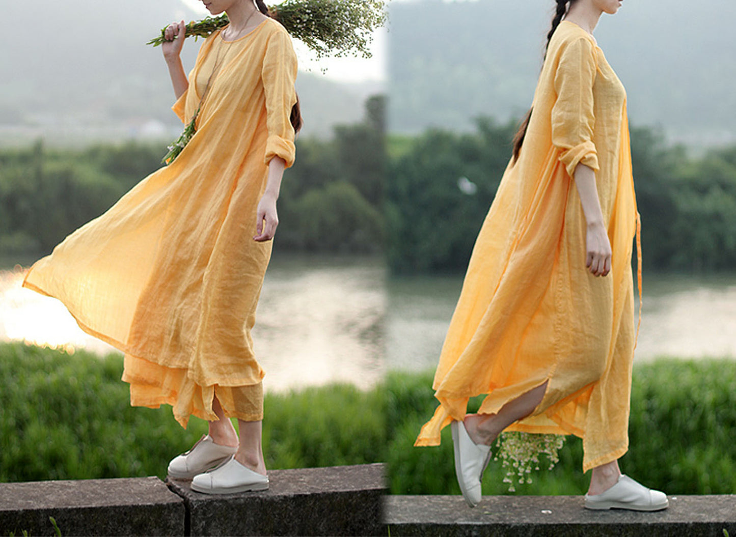 edoa Two Layer Ramie Long Spring Dress 