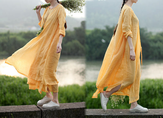edoa Two Layer Ramie Long Spring Dress 
