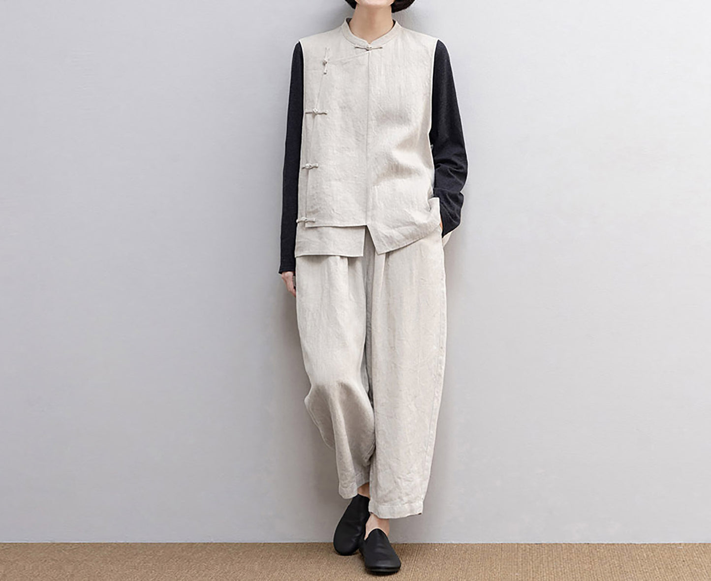 edoa Twill Flax Linen Tapered Pants with Elastic Waistband