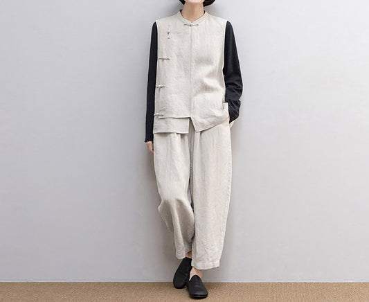 edoa Twill Flax Linen Tapered Pants with Elastic Waistband