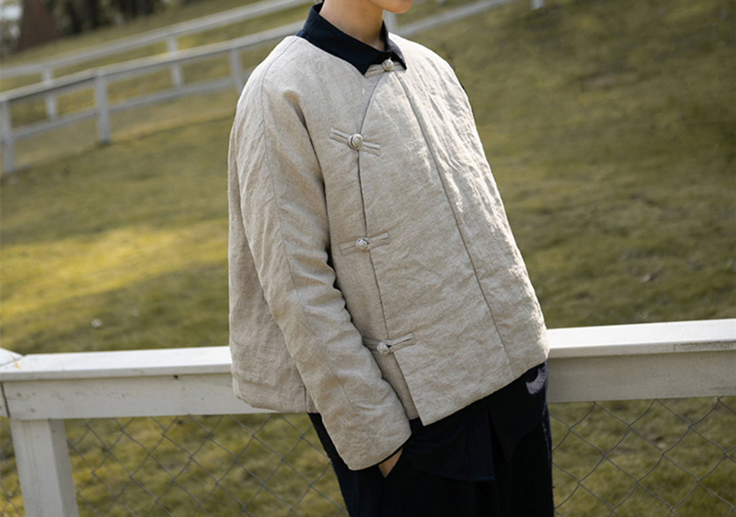 edoa Collarless Flax Linen Goose Down Chinese Jacket 