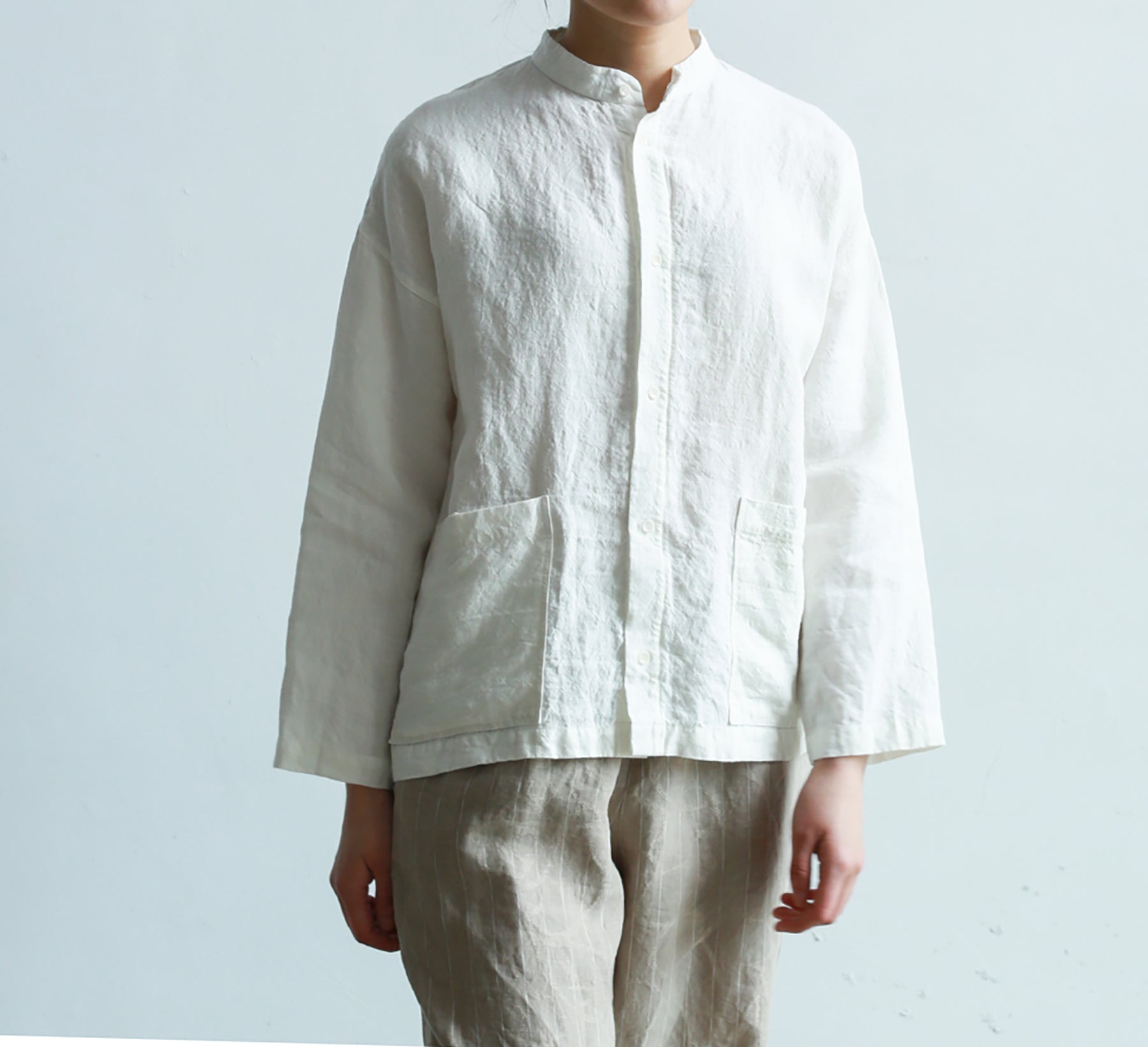 edoa Stand Collar White Loose Linen Shirt