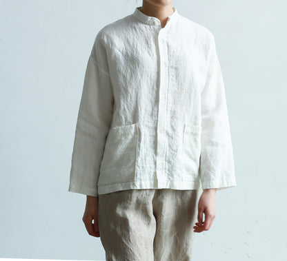 edoa Stand Collar White Loose Linen Shirt