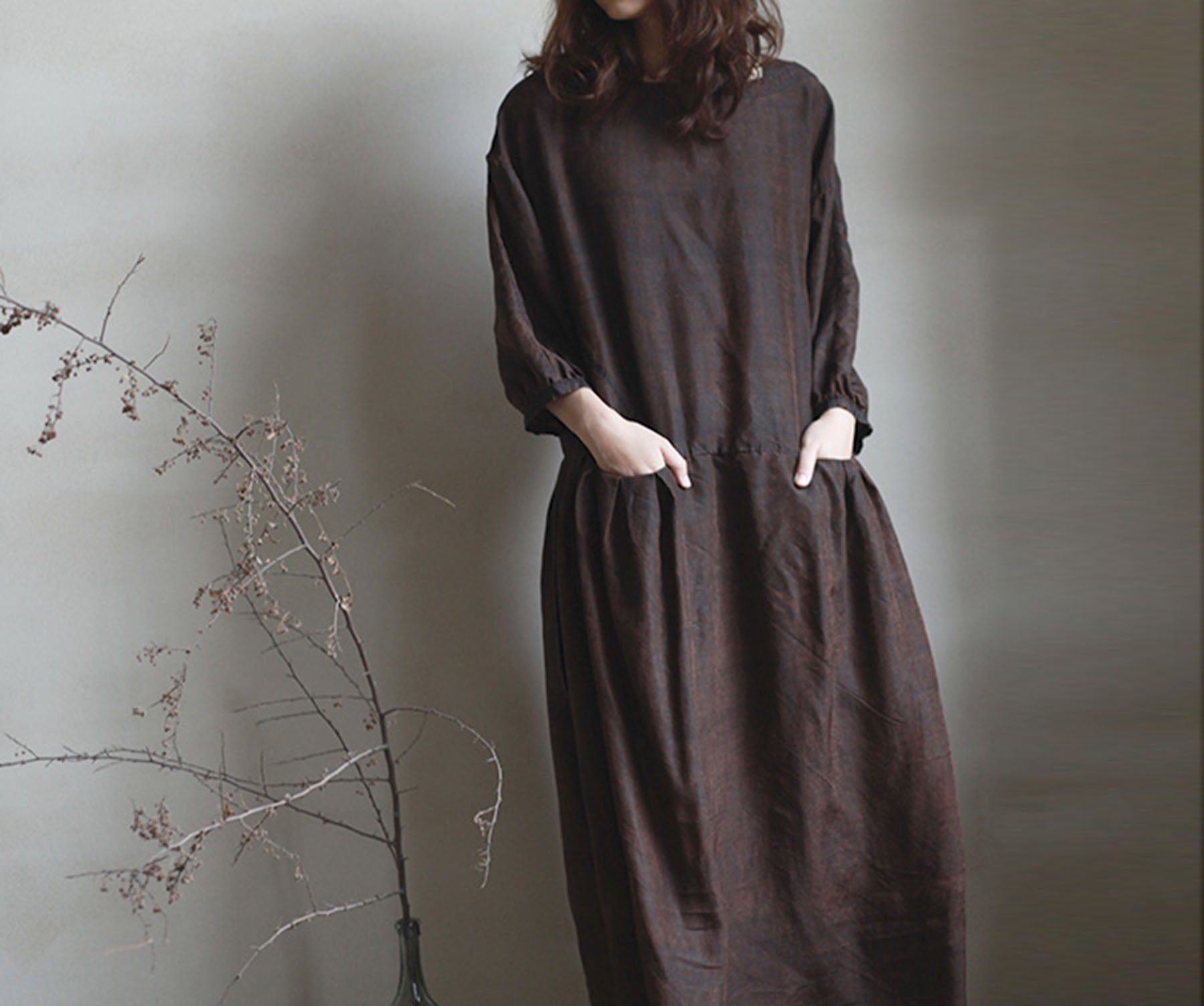 edoa Drop Waist Cracked Mud Silk 3/4 Sleeves Dress 