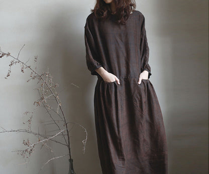 edoa Drop Waist Cracked Mud Silk 3/4 Sleeves Dress 