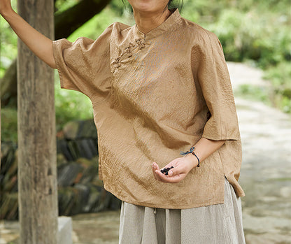 edoa Black Tea Dyed Dupioni Tussah Silk Chinese Blouse