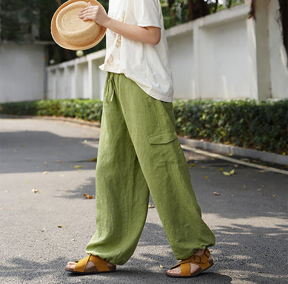 edoa Green Linen Elasticated Drawstring Waist Wide-leg Work Pants