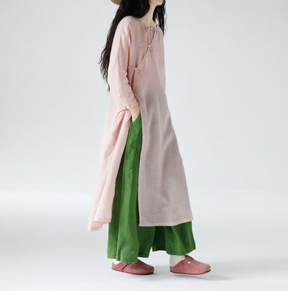 edoa Loose New Chinese Style Pink Ramie Bracelet Sleeve Cheongsam Dress