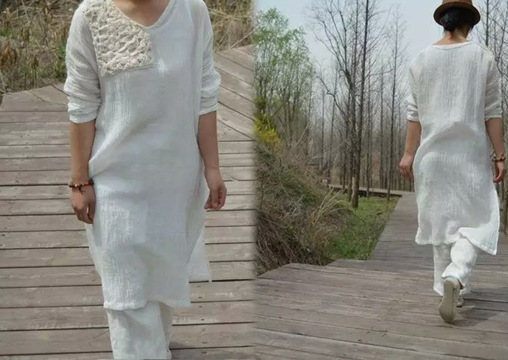 edoa Textured Thin Linen Tunic with Hand Crochet by Pure Silk Strips