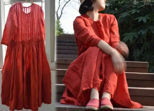 edoa Washed Ramie Red Dress 
