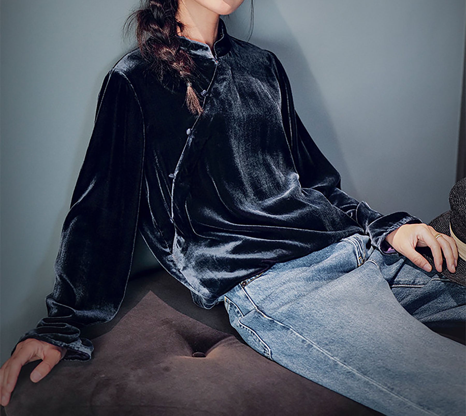edoa Silk Velvet Chinese Blouse