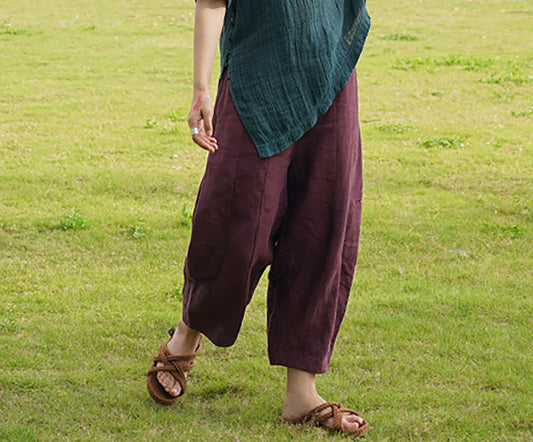 edoa Burgundy French Linen Tapered Pants
