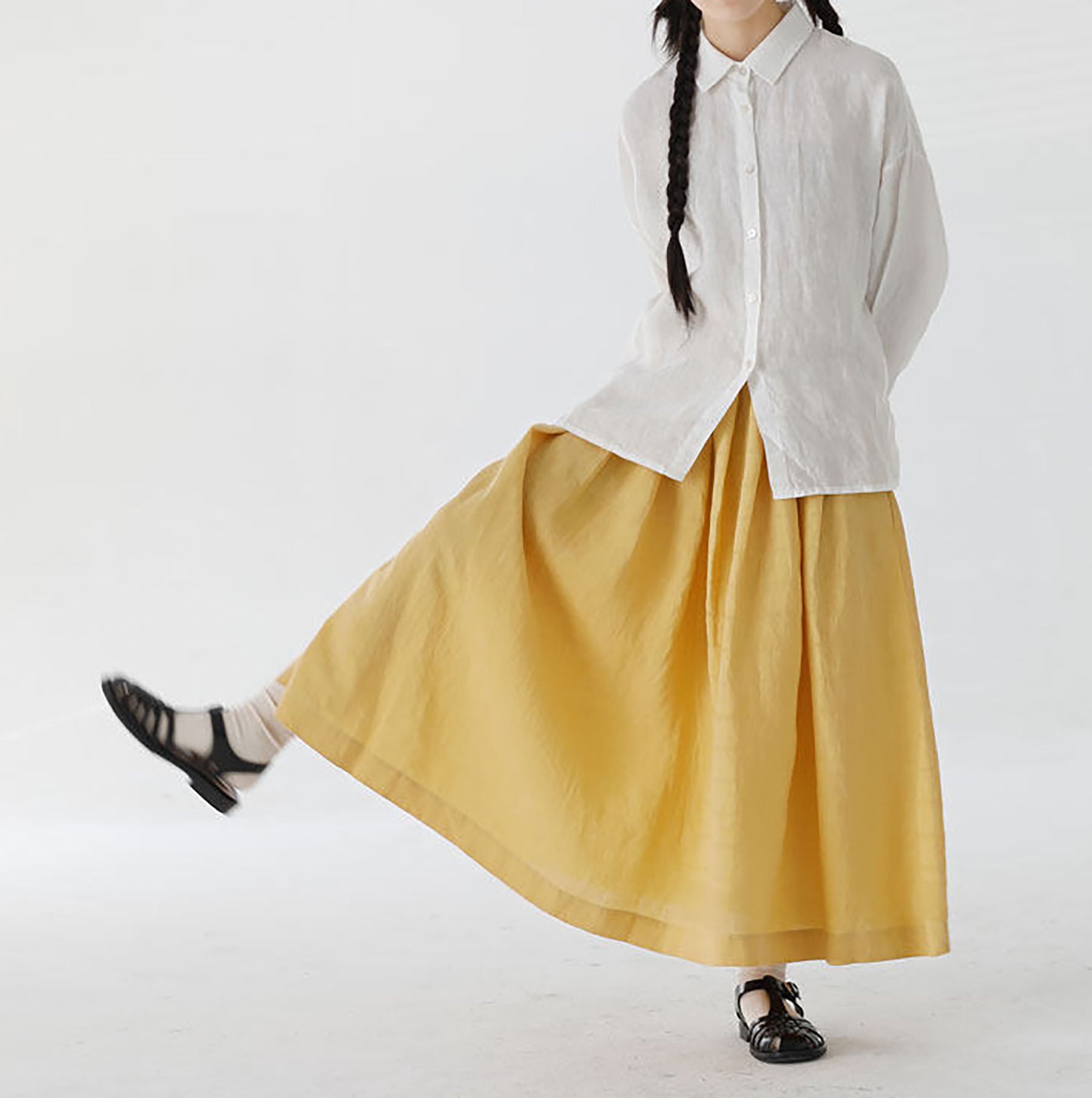 edoa A Line Elastic Waist Linen Skirt