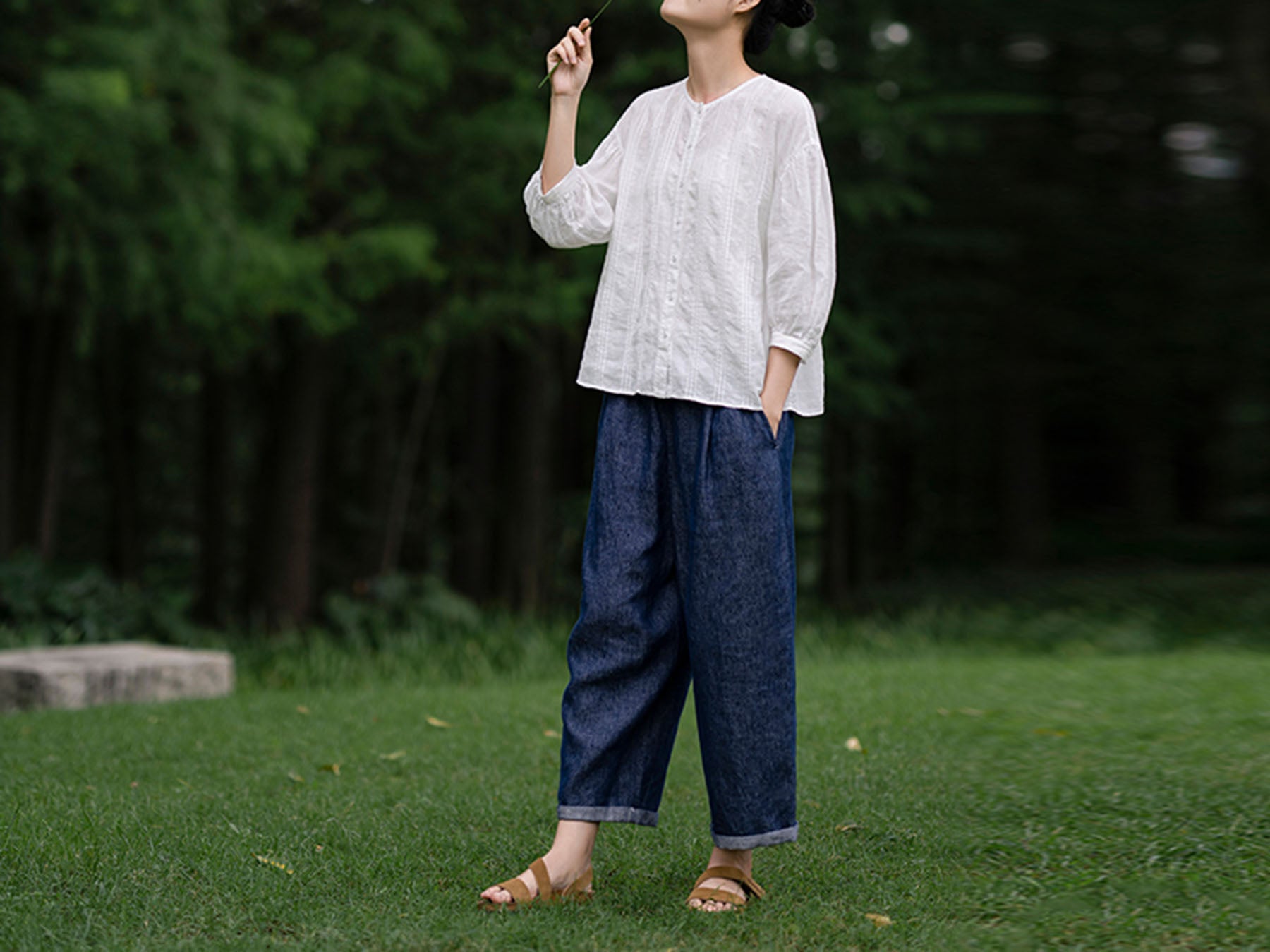 edoa Thin Linen Vertical Pin Tucks Blouse