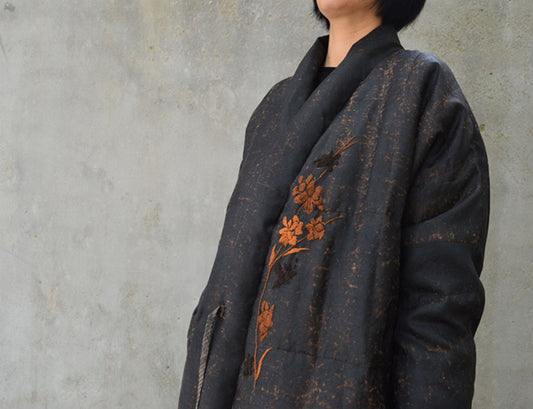 edoa Winter Loose Fitting Distressed Mud Silk Quilt Down Coat wih Hand Embroidery