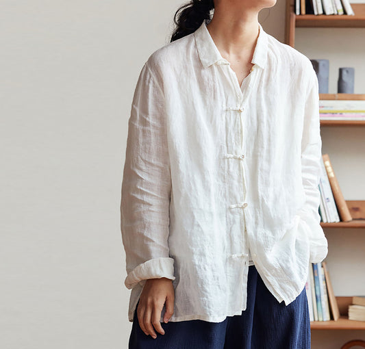 edoa Relaxed White High Count Linen Blouse