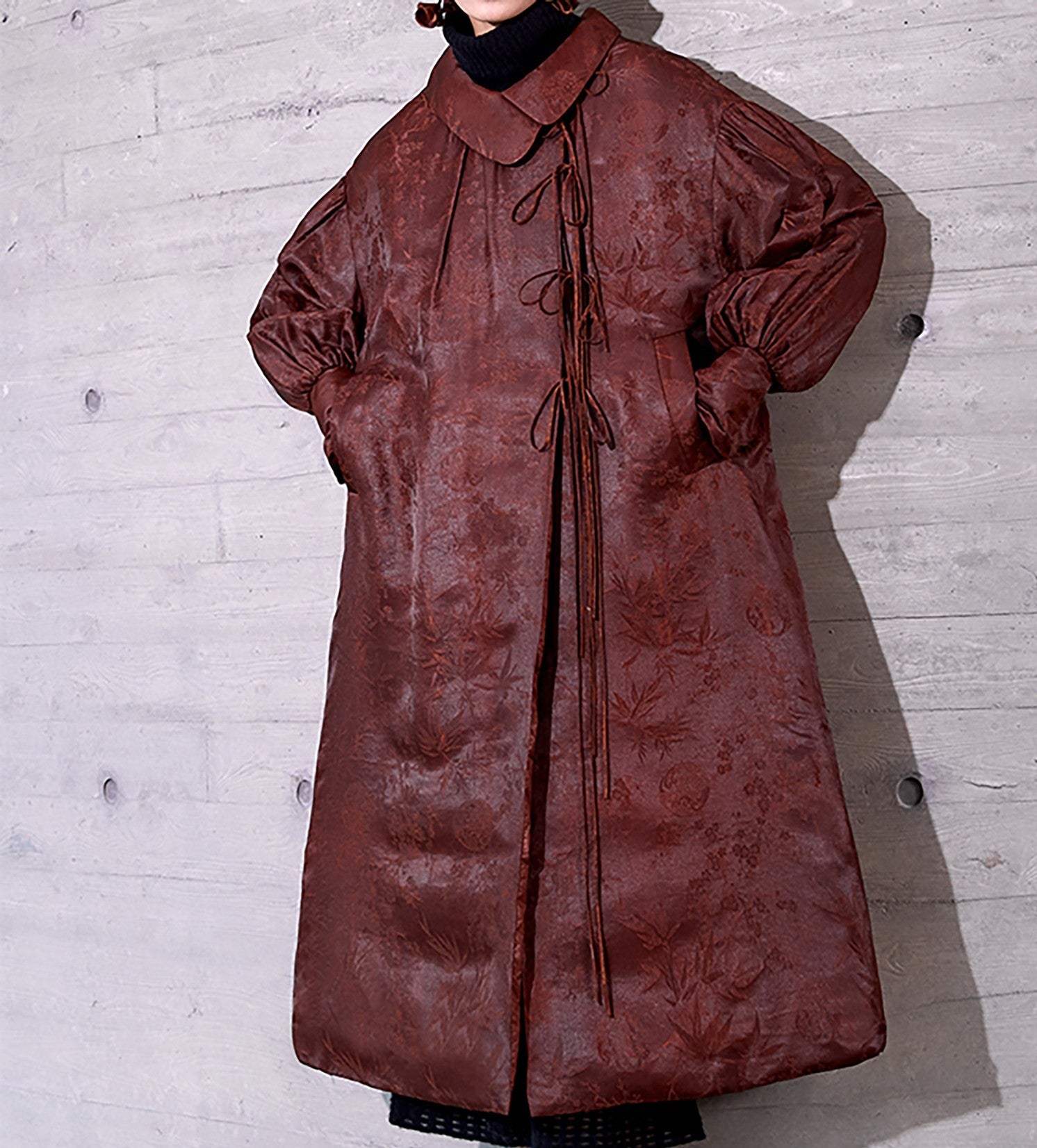 edoa Mud Silk Rayon Blend Jacquard Goose Down Long Coat 