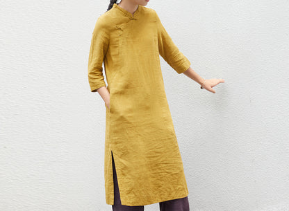 edoa French Linen Qipao Dress