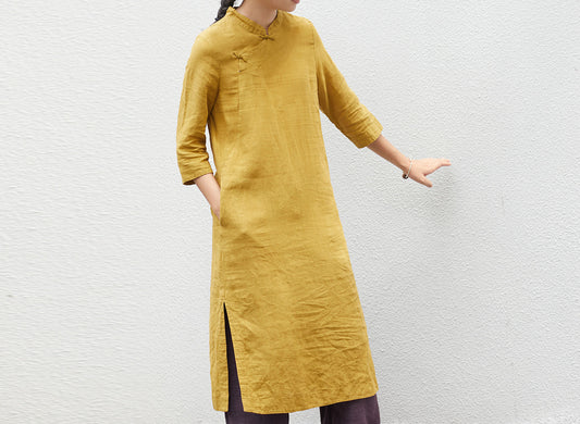 edoa French Linen Qipao Dress