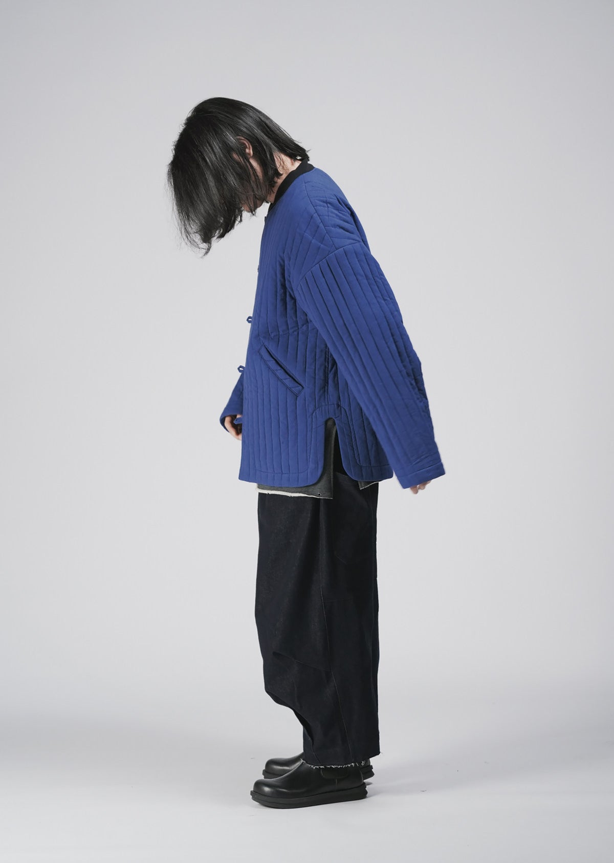 edoa Blue Linen blend Quilted Chinese Style Padded Jacket
