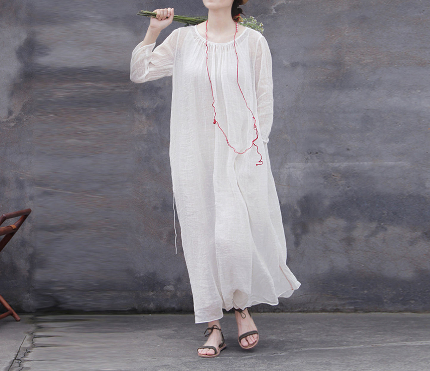 edoa White Linen Gauzy Maxi Dress with Hand Stitch Jointed Panels