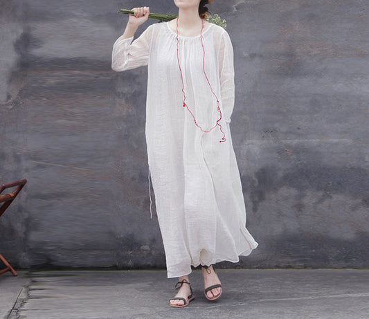 edoa White Linen Gauzy Maxi Dress with Hand Stitch Jointed Panels
