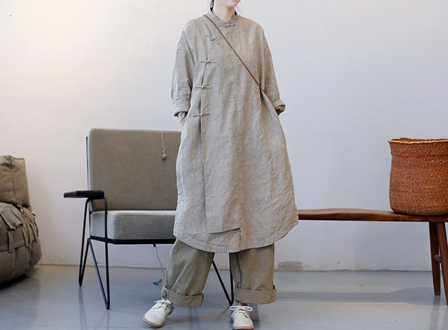 edoa Yarn Dyed French Linen Cheongsam Dress 