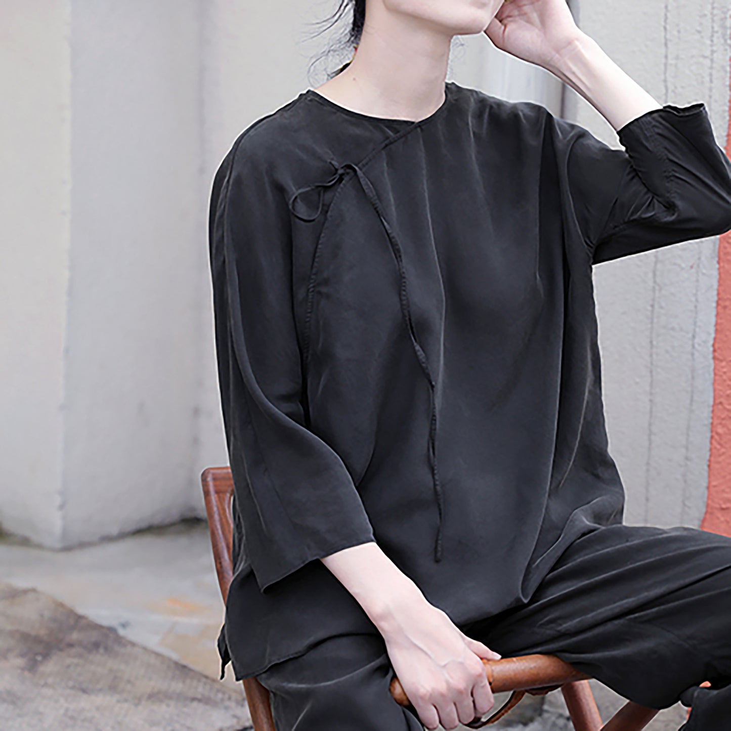 edoa Black Sand Washed Mulberry Silk Habotati Chinese Blouse