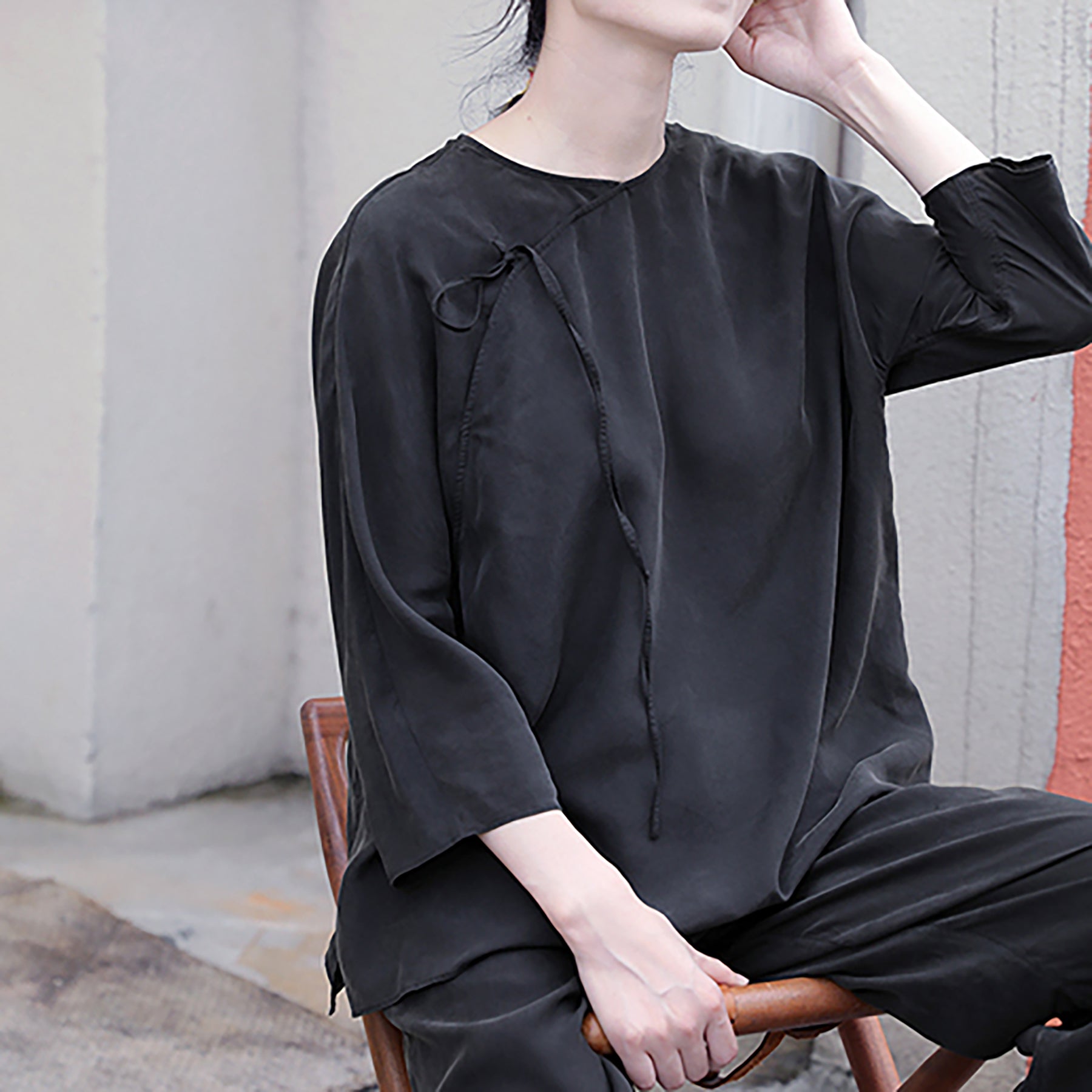 edoa Black Sand Washed Mulberry Silk Habotati Chinese Blouse