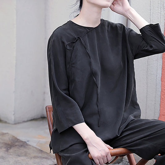 edoa Black Sand Washed Mulberry Silk Habotati Chinese Blouse