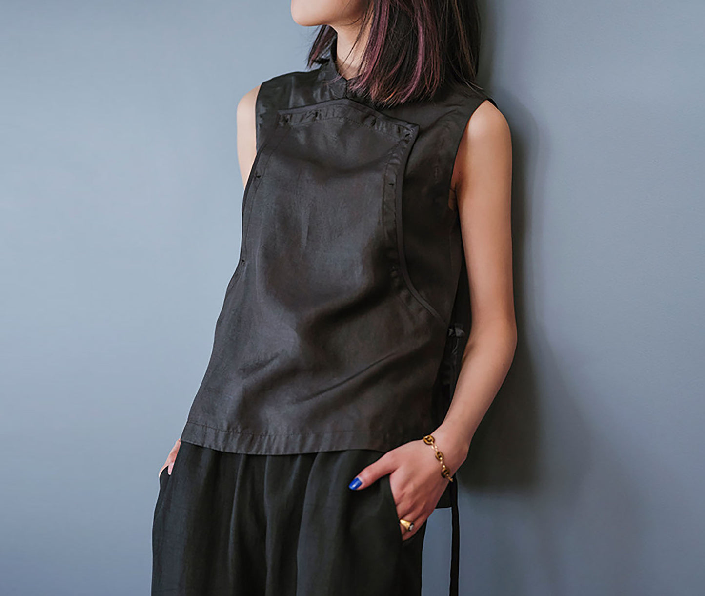 edoa Summer Elegant Retro Mud Silk Sleeveless Chinese Style Top