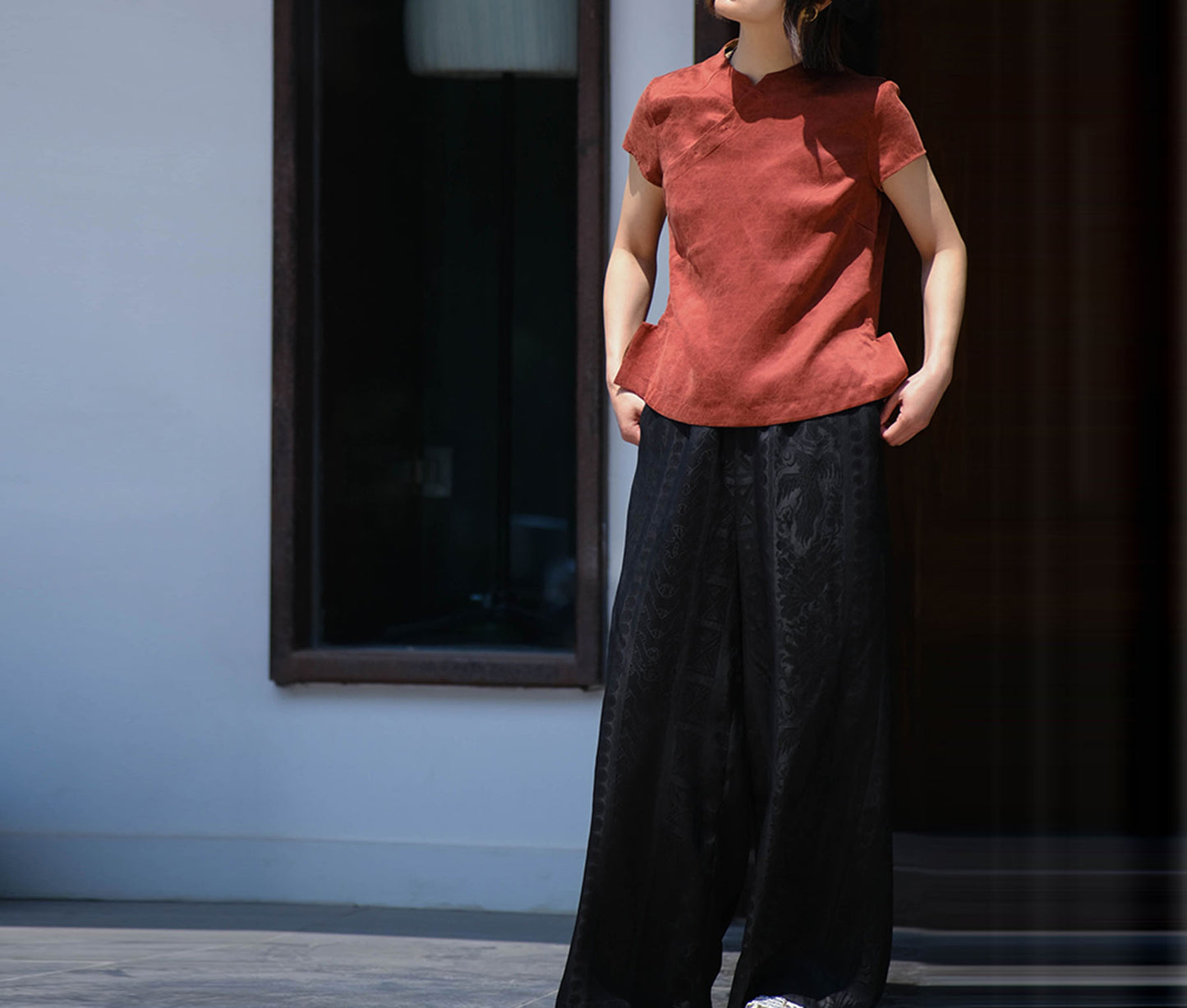 edoa Cracked Mud Silk Chinese Blouse with Wing Slits