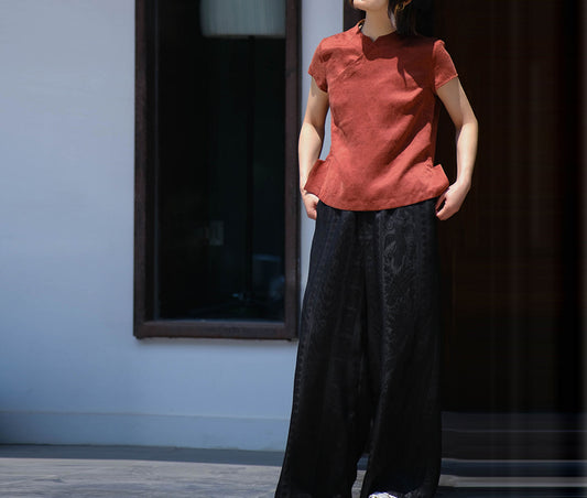 edoa Cracked Mud Silk Chinese Blouse with Wing Slits