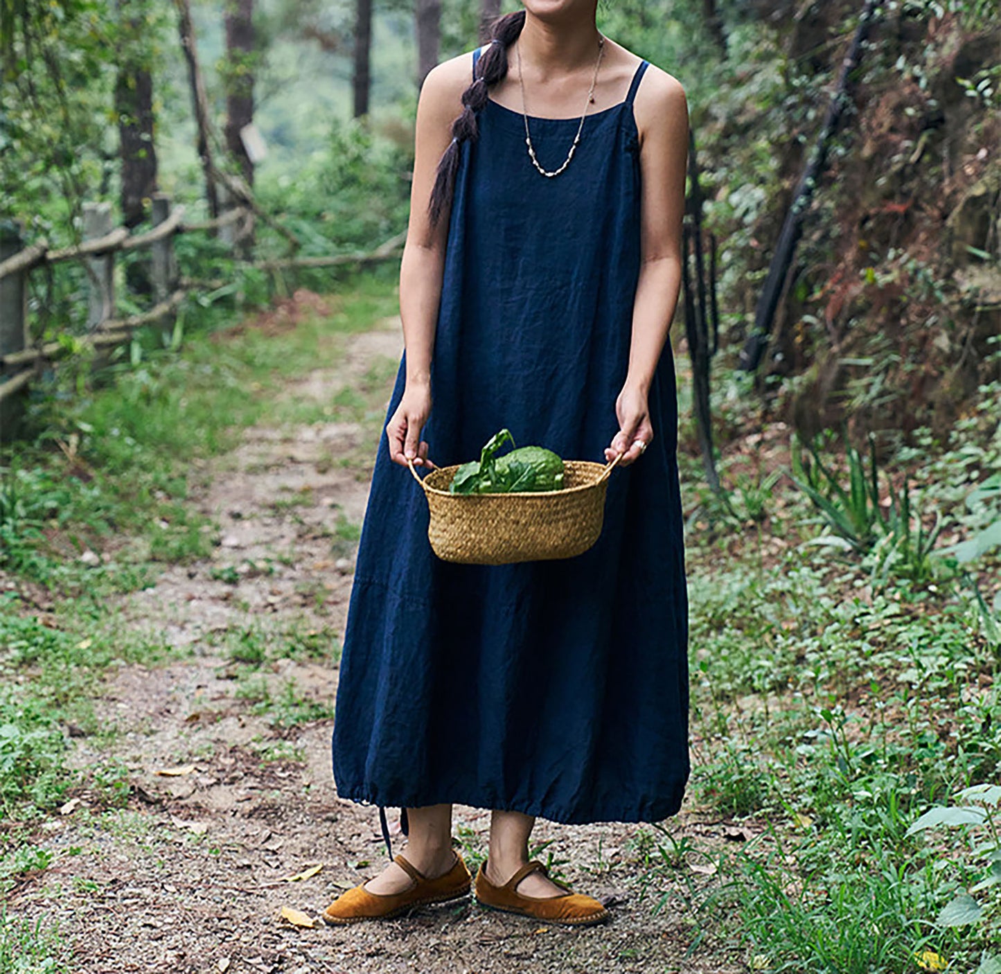 edoa Indigo Blue Linen Cocoon Shape Overall Dress