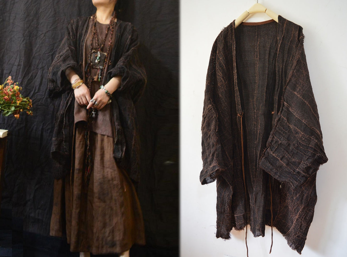 edoa Loose Fitting Persimmon Dyed Hand Woven Linen Cardigan Coat 