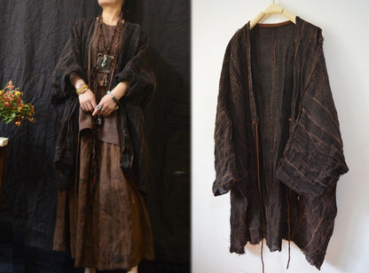 edoa Loose Fitting Persimmon Dyed Hand Woven Linen Cardigan Coat 
