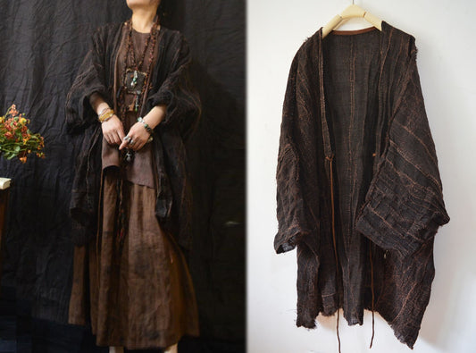 edoa Loose Fitting Persimmon Dyed Hand Woven Linen Cardigan Coat 
