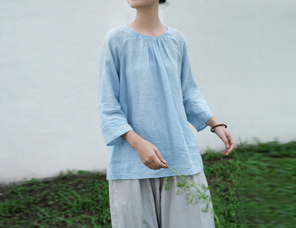 edoa Baby Blue Washed High Count Linen Blouse