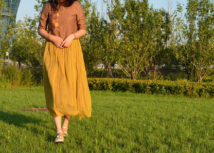 edoa Linen Dress with Gathering Silk Crepe