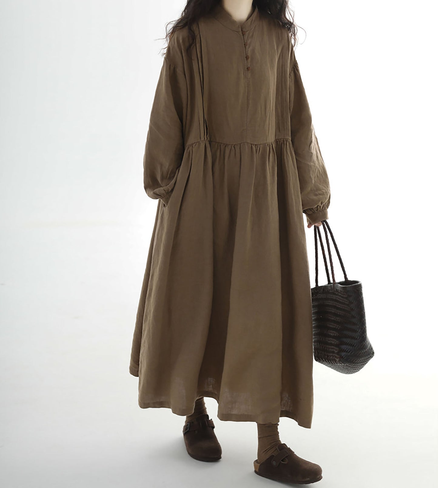 edoa Loose Brown Stone-washed Linen Dress
