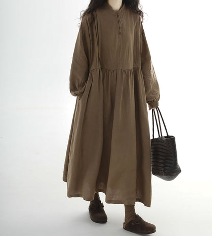 edoa Loose Brown Stone-washed Linen Dress
