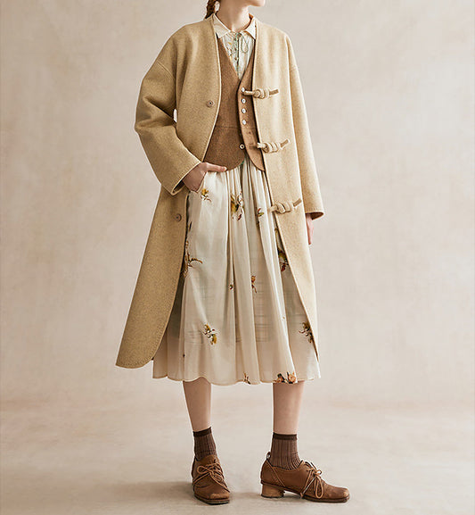 EDOA New Chinese Style Double-faced Wool Long Coat