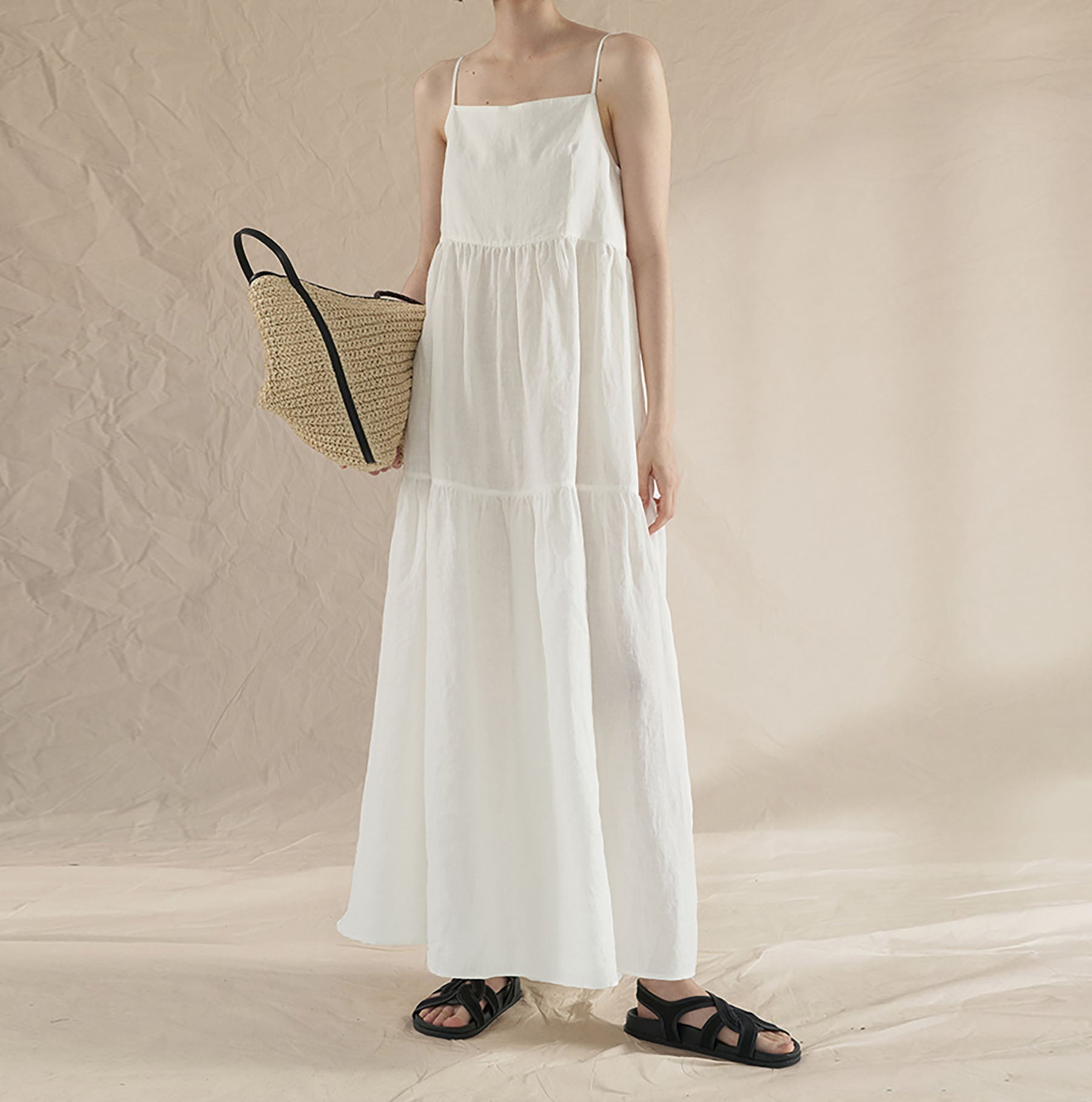 edoa White Linen Tiered Camisole Dress 