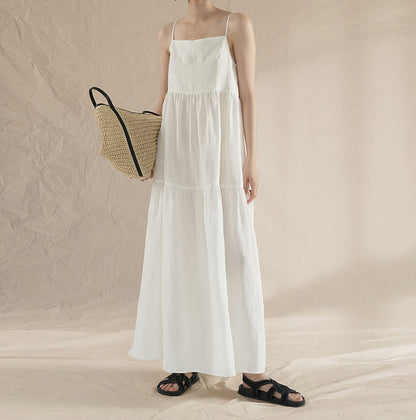 edoa White Linen Tiered Camisole Dress 