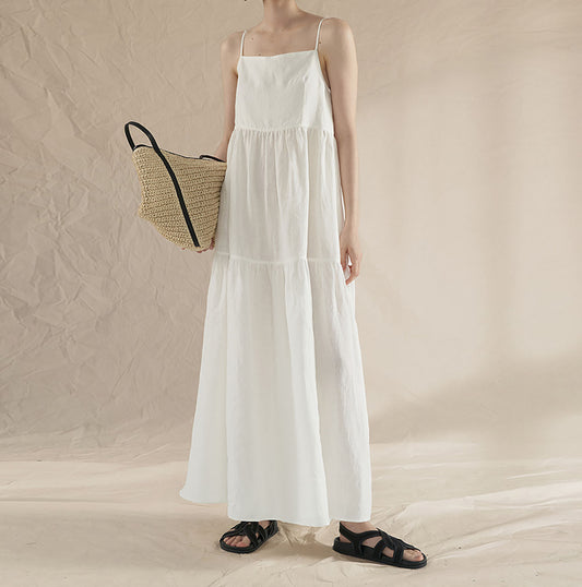 edoa White Linen Tiered Camisole Dress 