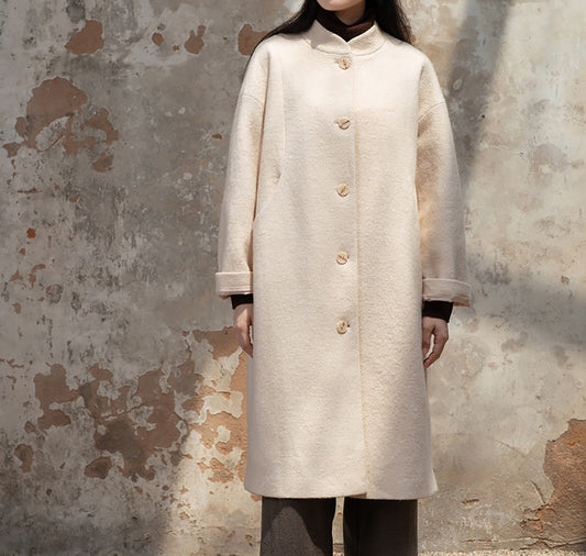 edoa White Winter Boiled Wool Chinese Coat